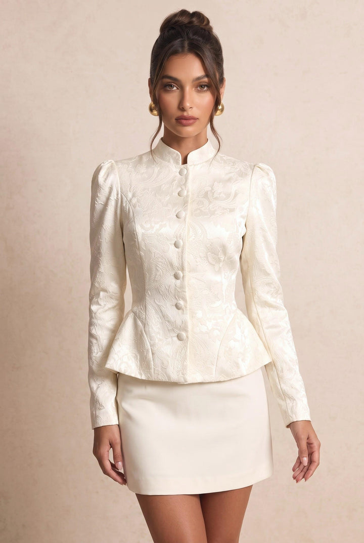 Acquard Puff Sleeve Cinched Waist Ruffle Hem Jacket