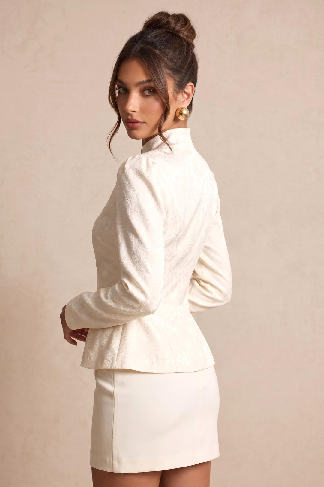 Acquard Puff Sleeve Cinched Waist Ruffle Hem Jacket