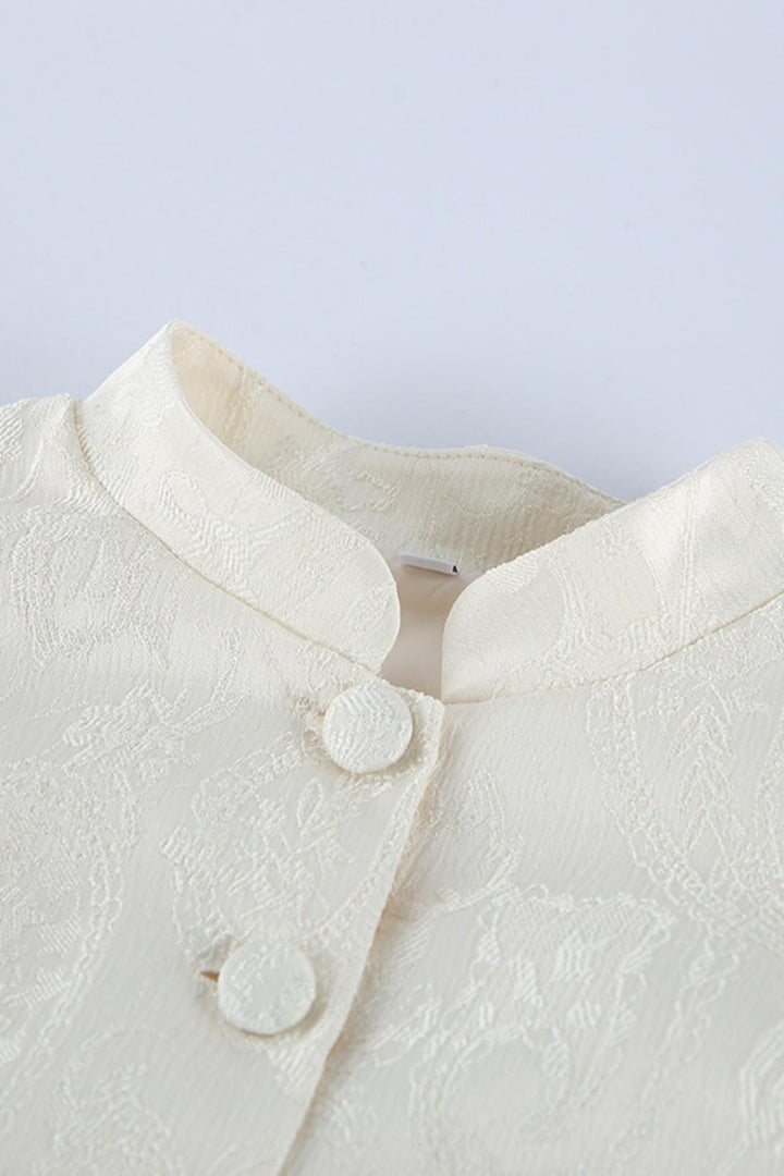 Acquard Puff Sleeve Cinched Waist Ruffle Hem Jacket