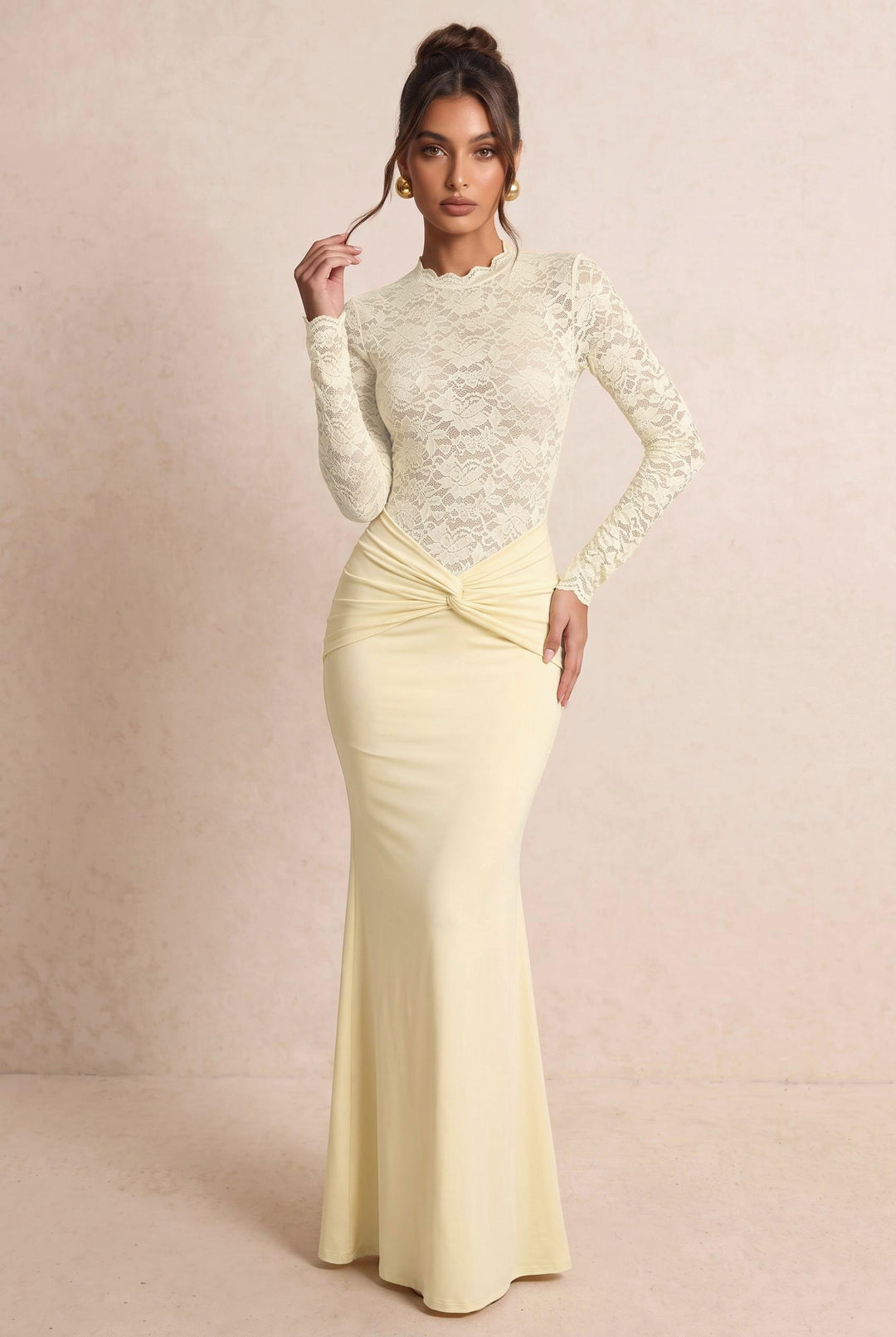 Floral Lace Twist Waist Long Sleeve Maxi Dress