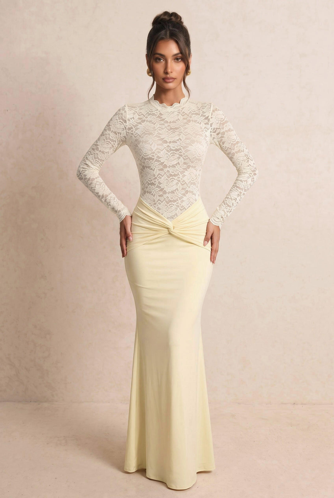 Floral Lace Twist Waist Long Sleeve Maxi Dress