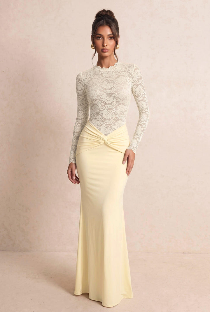 Floral Lace Twist Waist Long Sleeve Maxi Dress