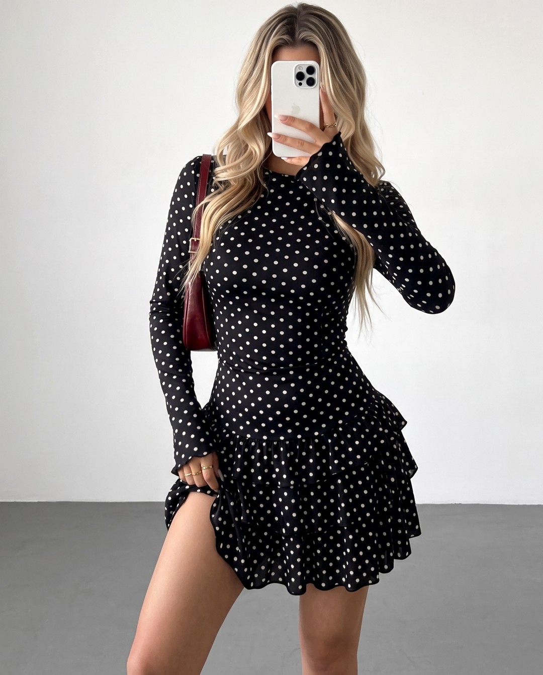 Polka Dot Long Sleeve Ruffle Mini Dress