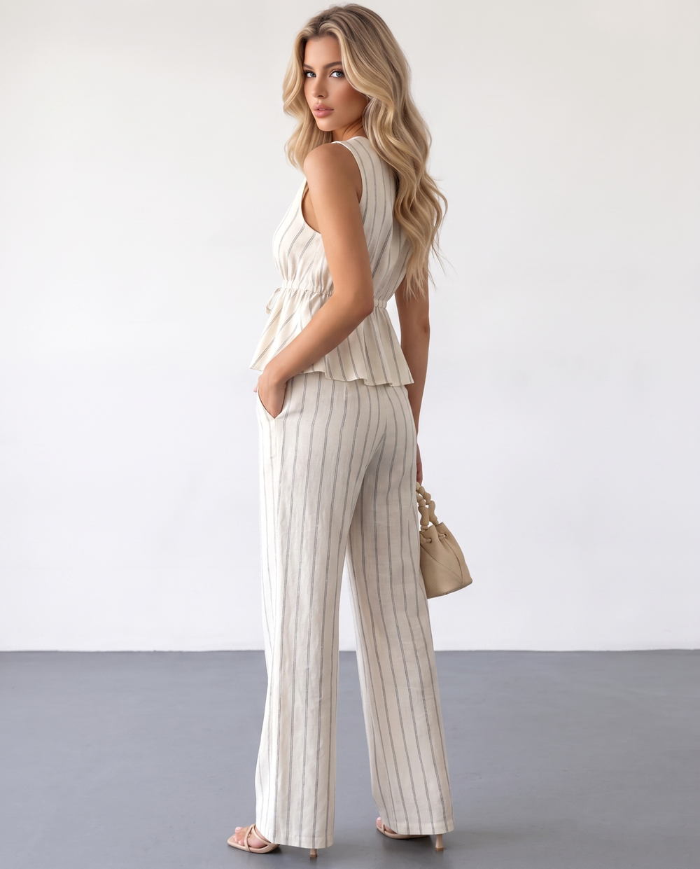 SOLACEBeige Striped Linen Blend Peplum Top Wide Leg Pants Set