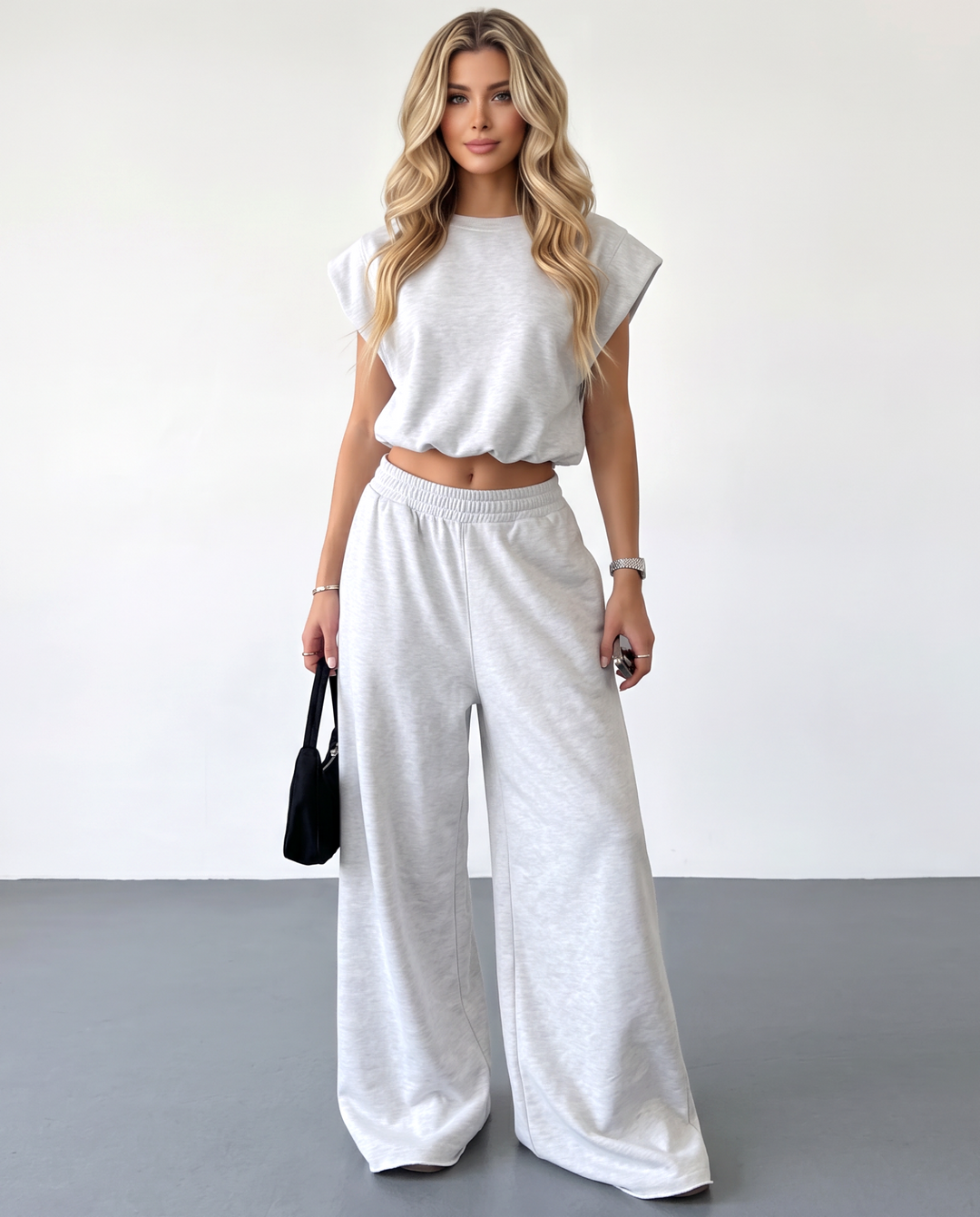 SOLACELight Grey Drawstring Waist Crop Top  Wide Leg Pants Set