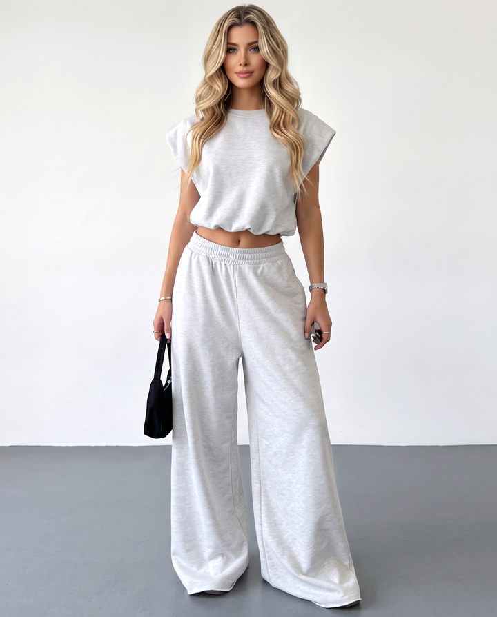 SOLACELight Grey Drawstring Waist Crop Top  Wide Leg Pants Set