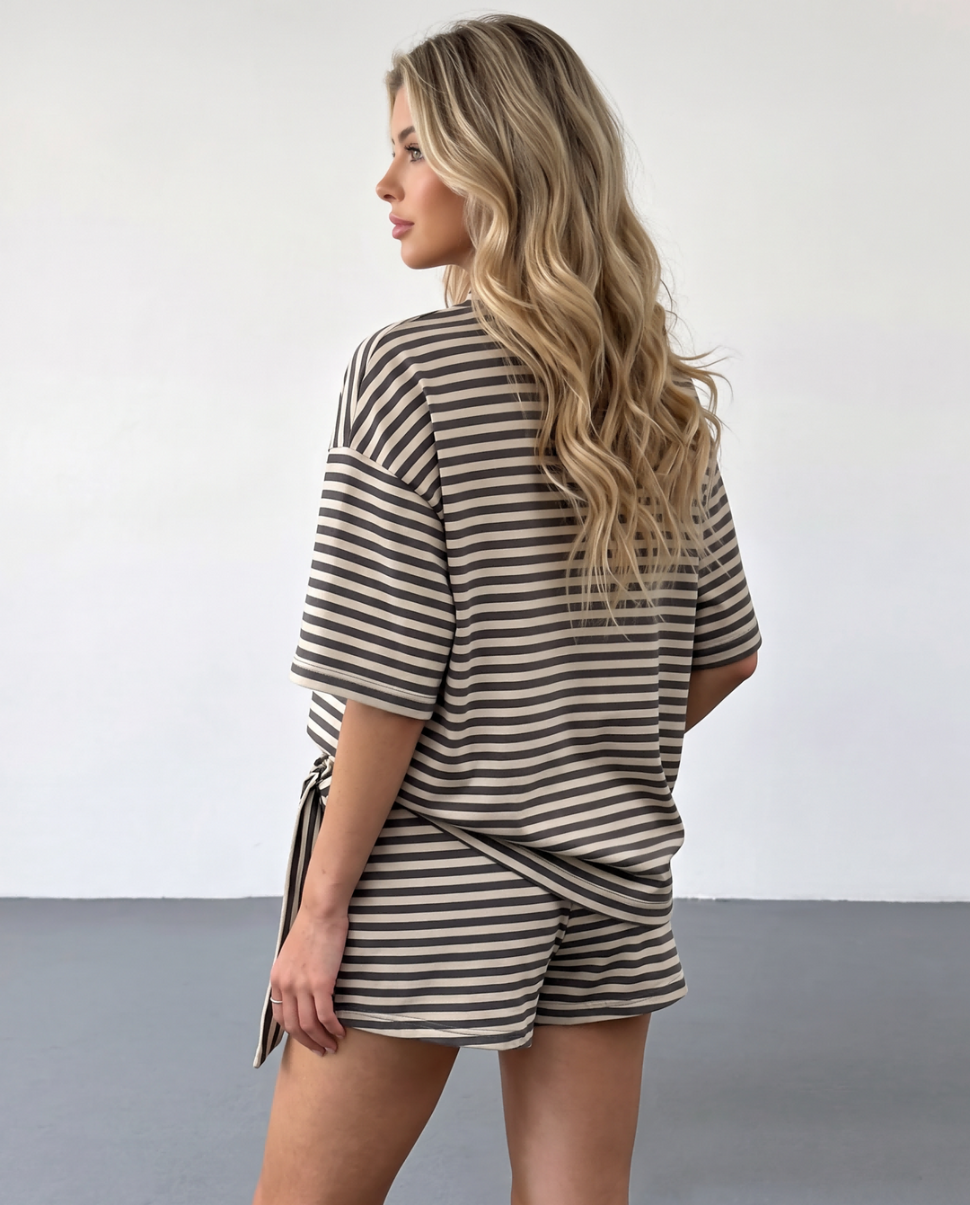 SOLACEBeige Black Stripe Contrast Collar Oversized Short Sleeve T-Shirt Wide Leg Shorts Set