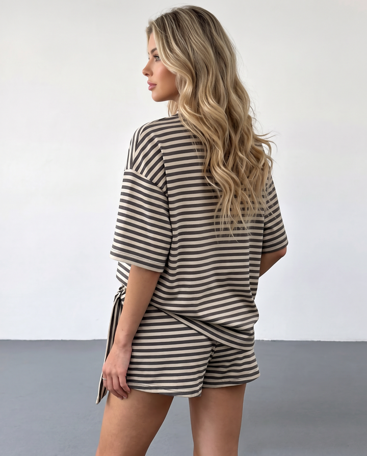 SOLACEBeige Black Stripe Contrast Collar Oversized Short Sleeve T-Shirt Wide Leg Shorts Set