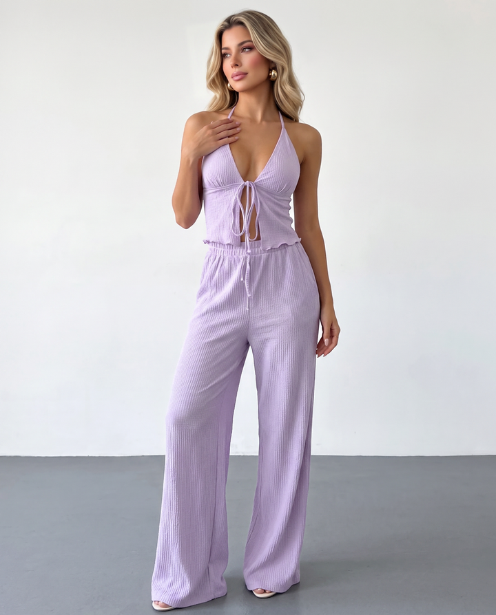 SOLACELilac Tie Front Ribbed Knit Slim Fit Cropped Top Full Length Pants Set