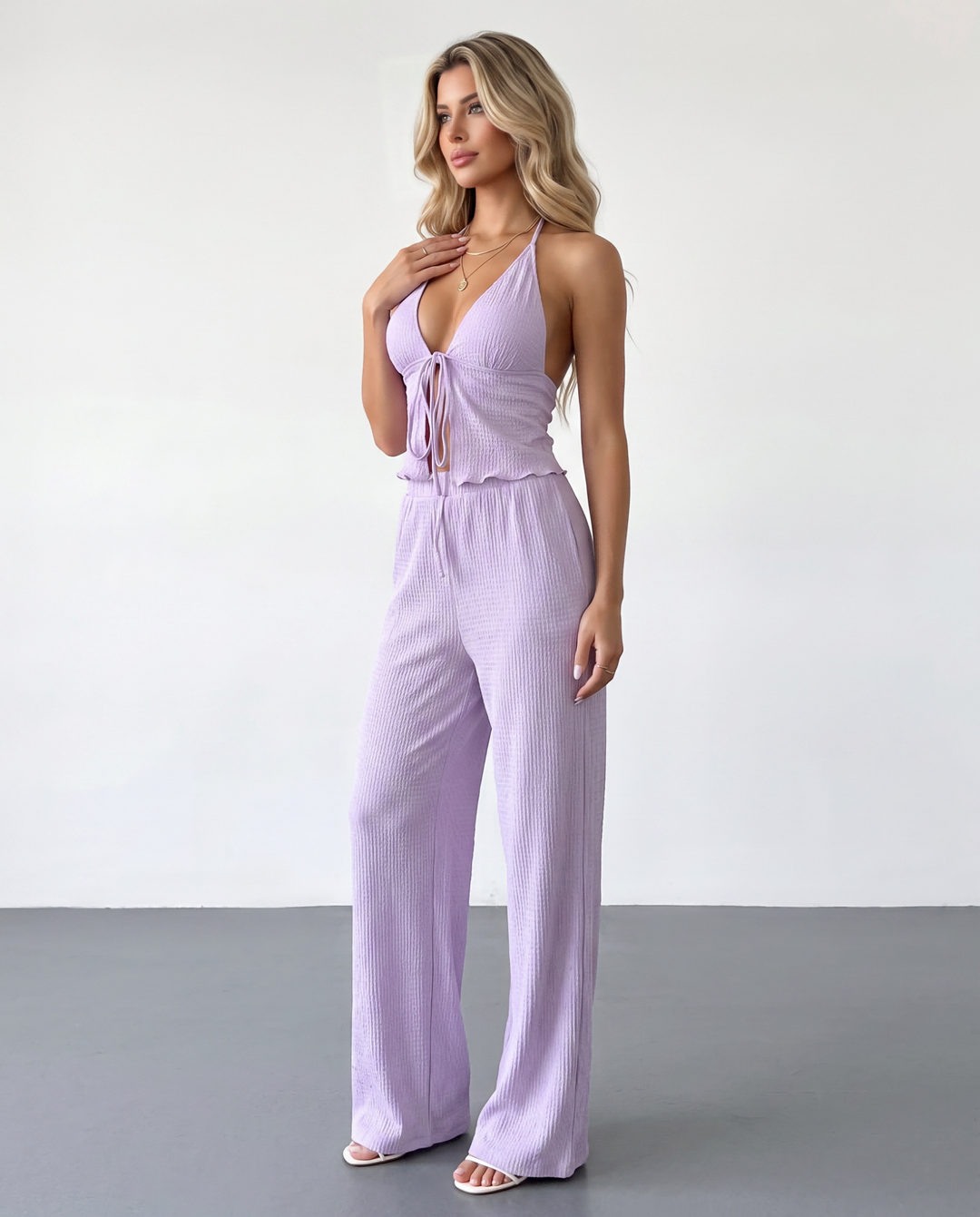 SOLACELilac Tie Front Ribbed Knit Slim Fit Cropped Top Full Length Pants Set
