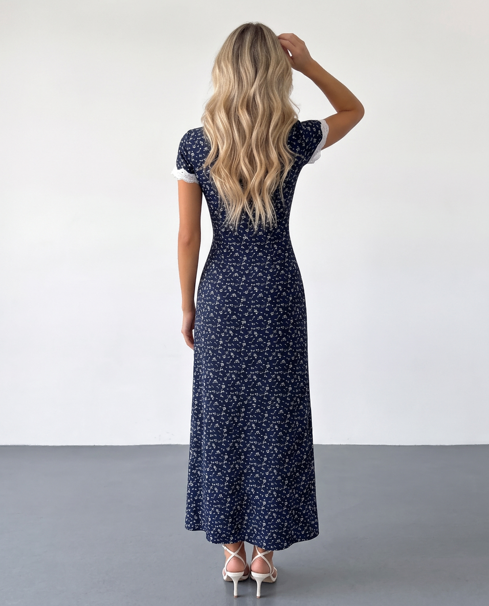 SOLACENavy Blue Floral Lace Trim Midi Dress