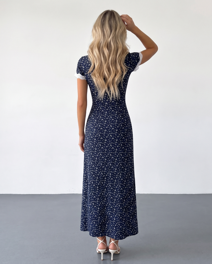 SOLACENavy Blue Floral Lace Trim Midi Dress