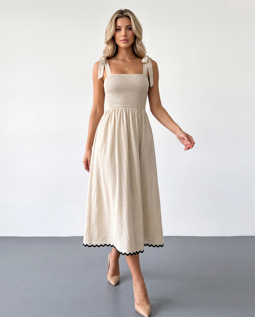 SOLACEBeige Smocked Bodice Textured Fit and Flare Midi Dress
