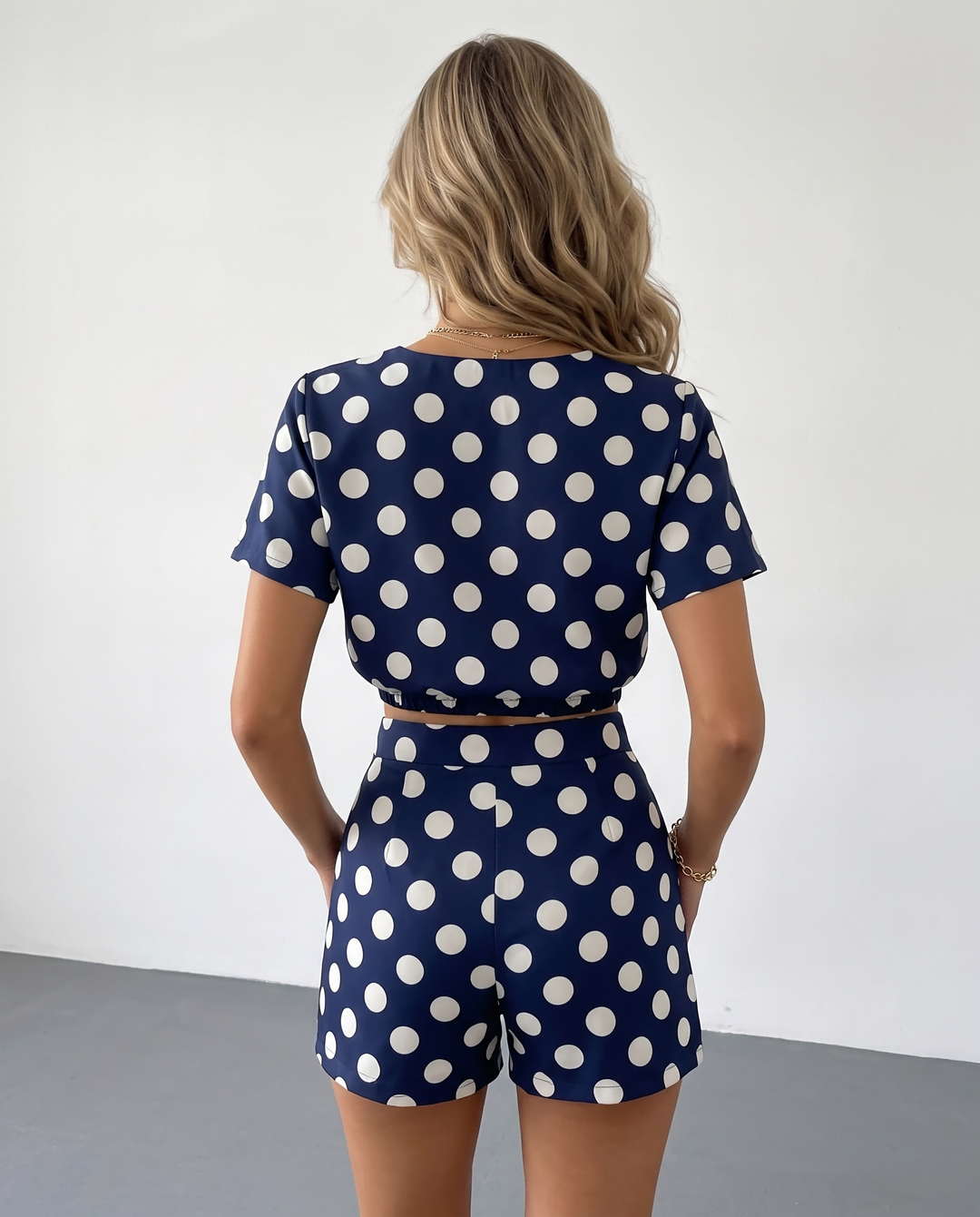 SOLACENavy White Polka Dot Crop Top Shorts Set