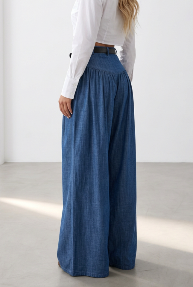 High Waist Gathered Wide Leg Denim Look Pants