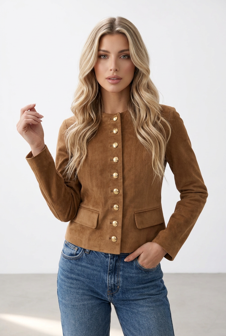 Gold Button Decorated Round Neck Suede Jacket