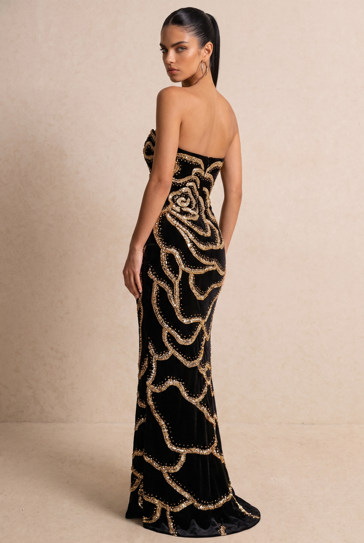 SOLACEGold Rose Beaded Strapless Velvet Evening Derss
