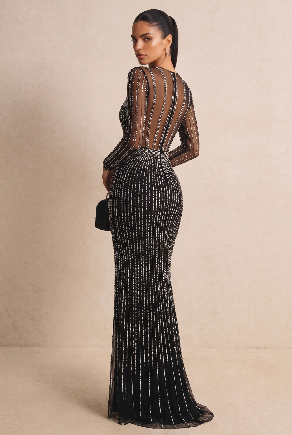 SOLACERhinestone Sheer Mesh High Slit Evening Dress