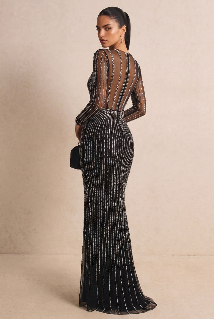 SOLACERhinestone Sheer Mesh High Slit Evening Dress