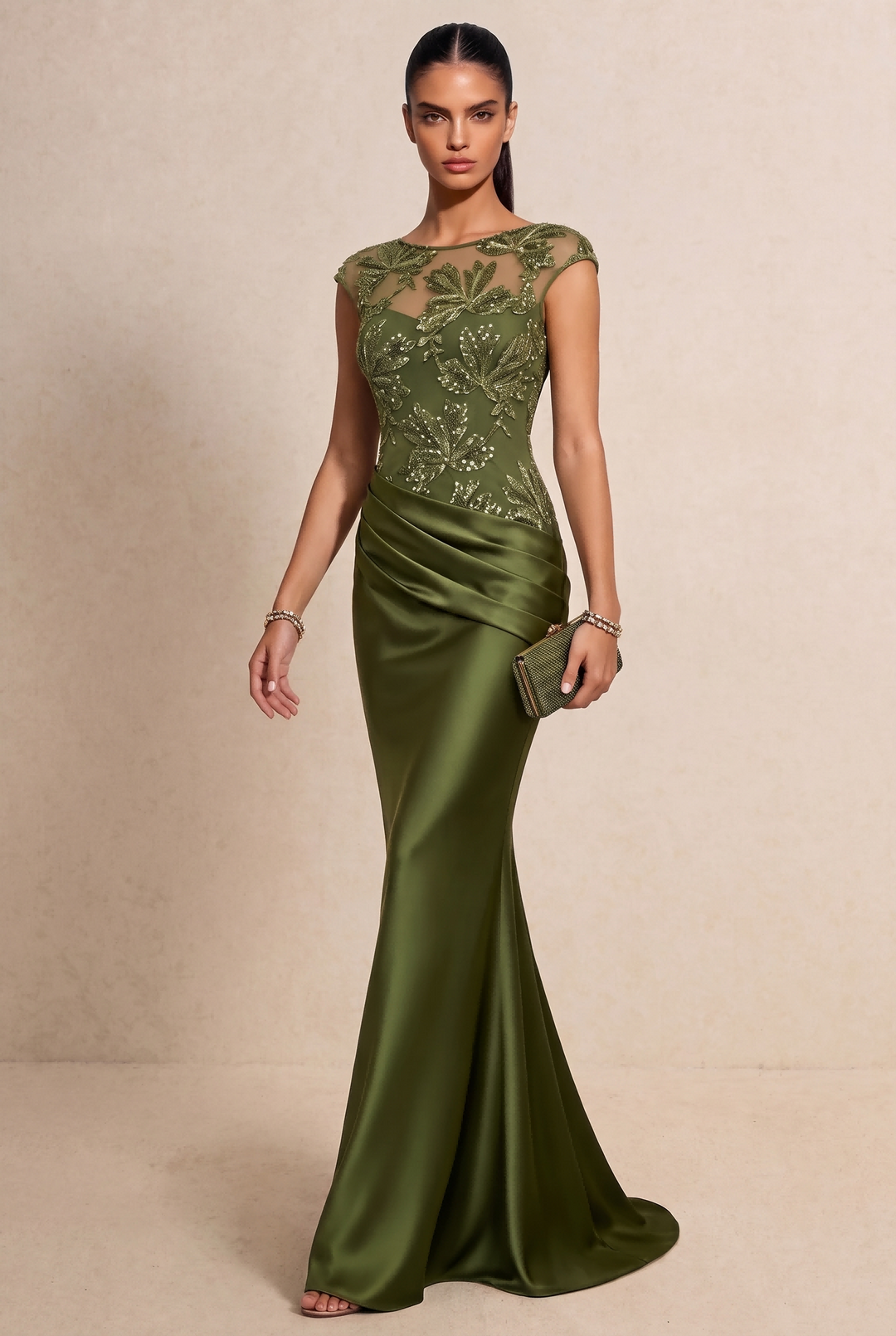 Floral Embroidered Satin Mermaid Evening Dress