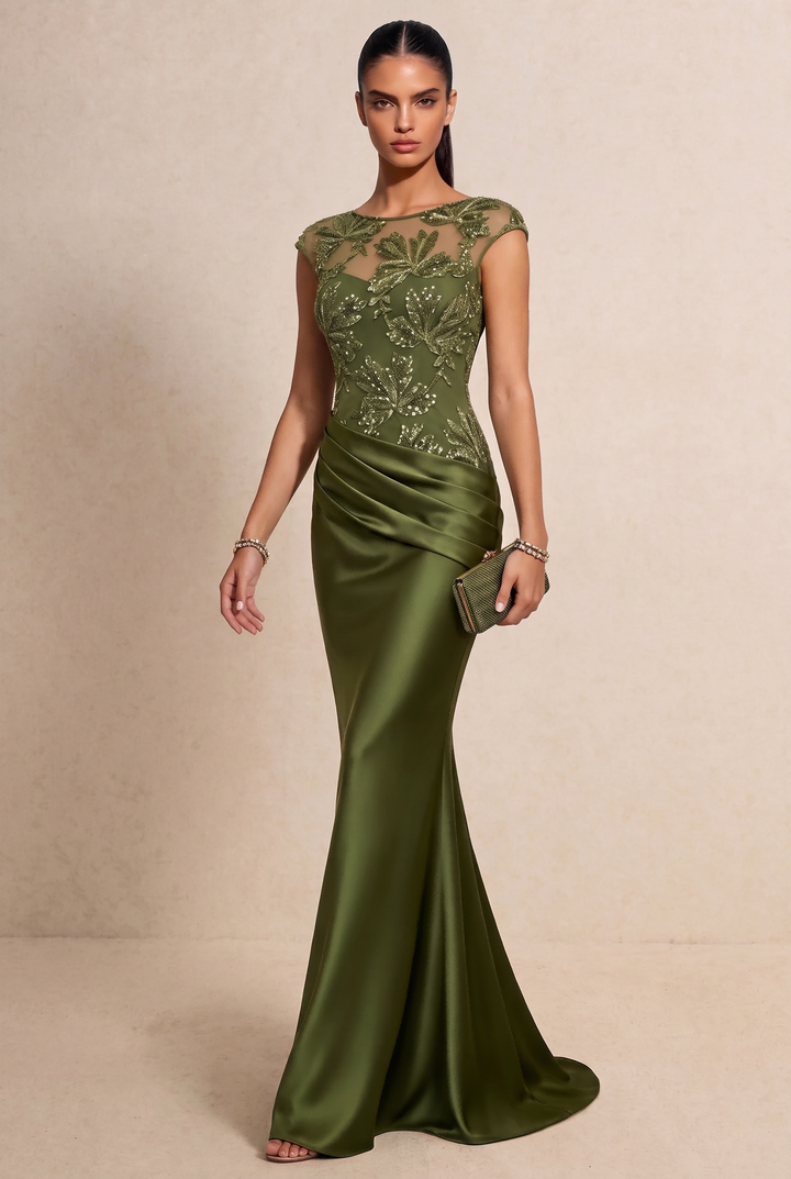 Floral Embroidered Satin Mermaid Evening Dress