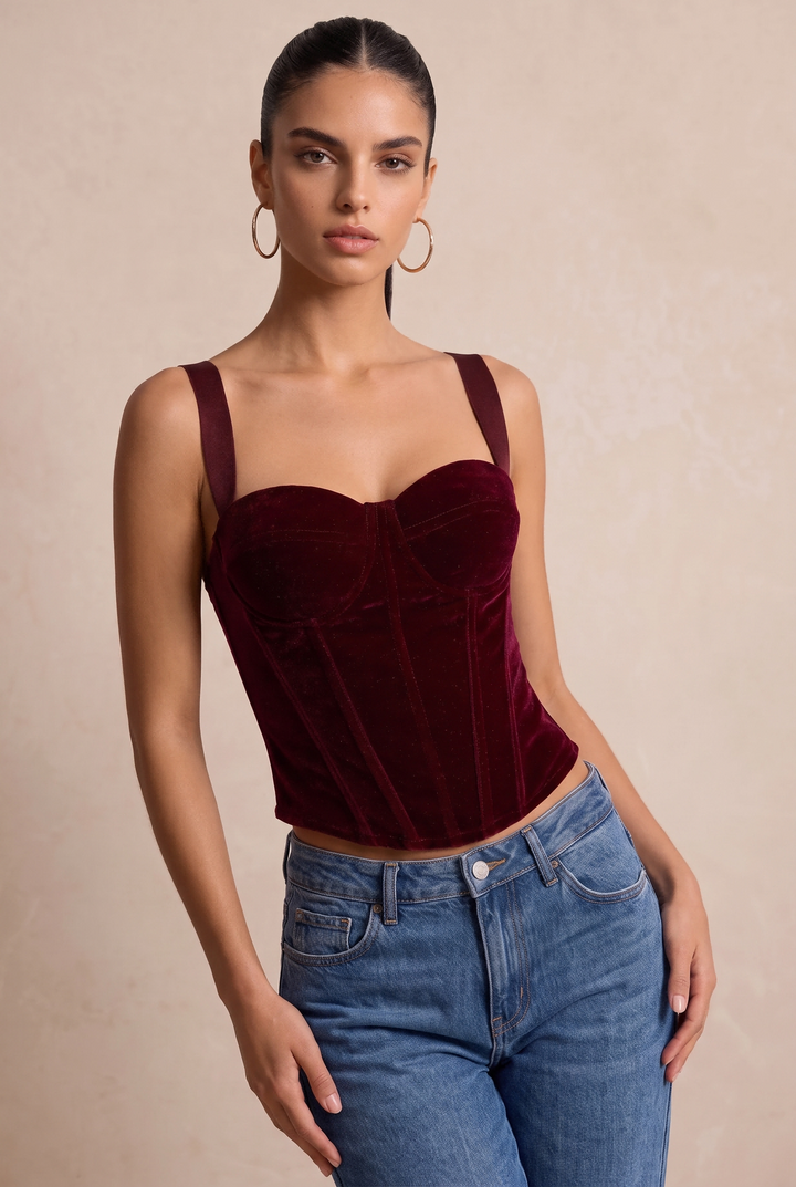 SOLACE CHICVelvet Boned Removable Strap Cropped Corset Top