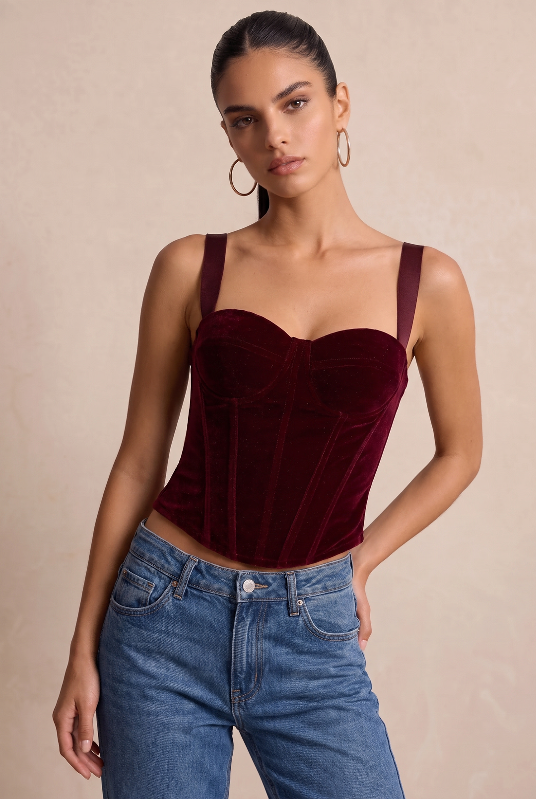 SOLACE CHICVelvet Boned Removable Strap Cropped Corset Top
