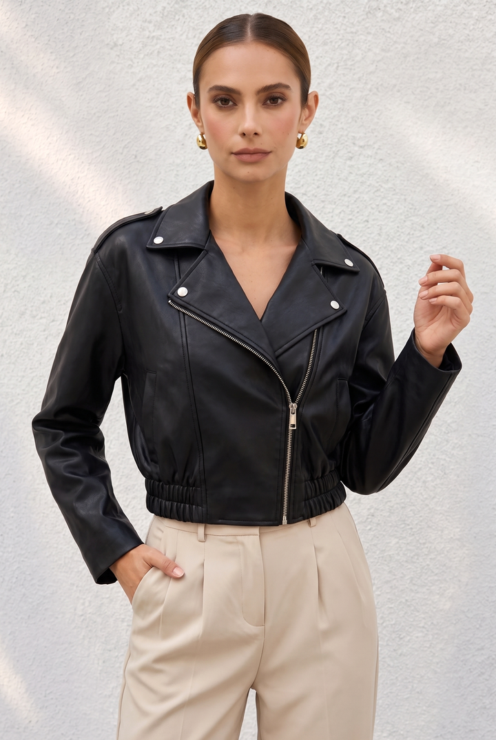 Asymmetric Zipper Lapel Faux Leather Cropped Jacket
