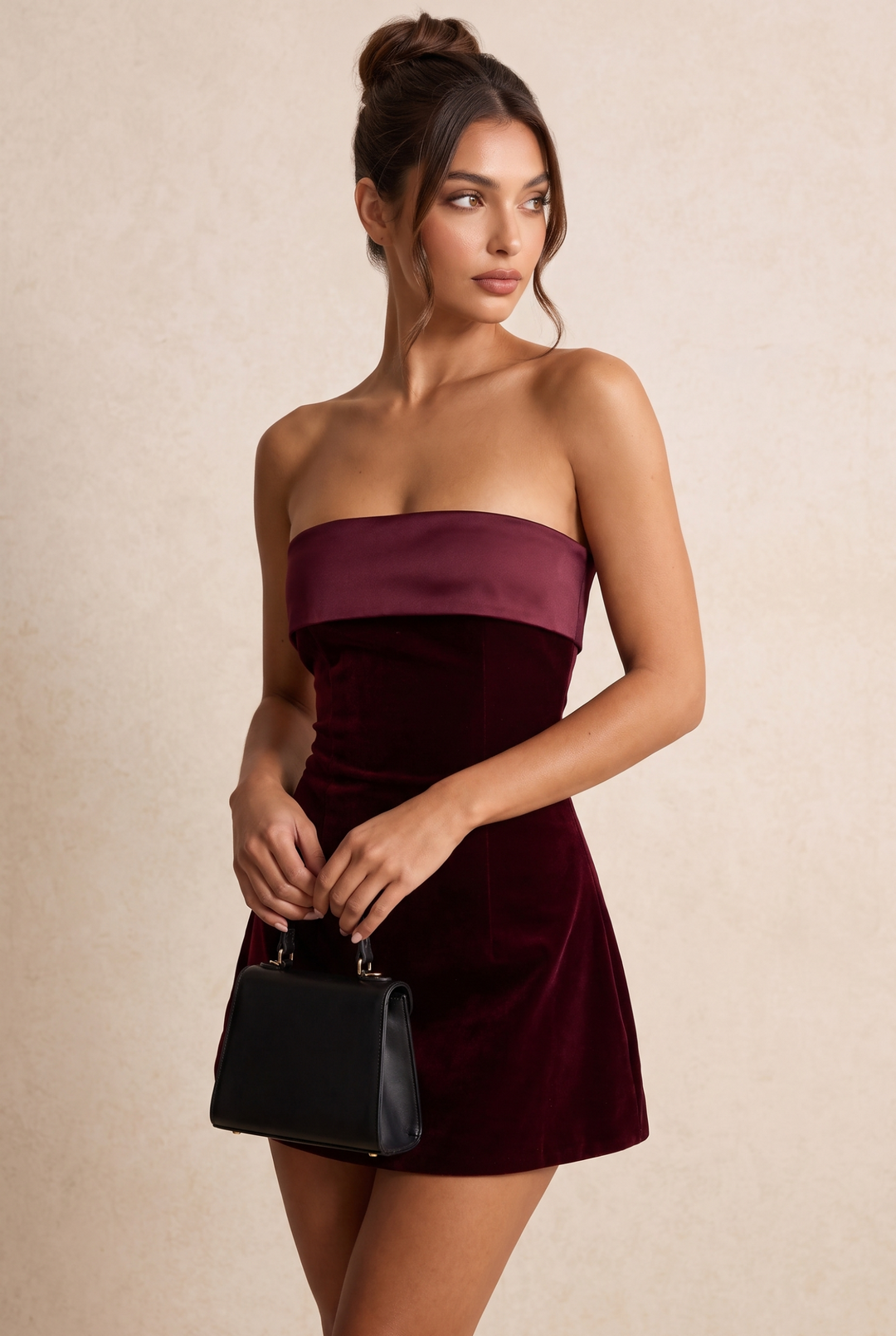 Burgundy Velvet Strapless A-Line Mini Dress