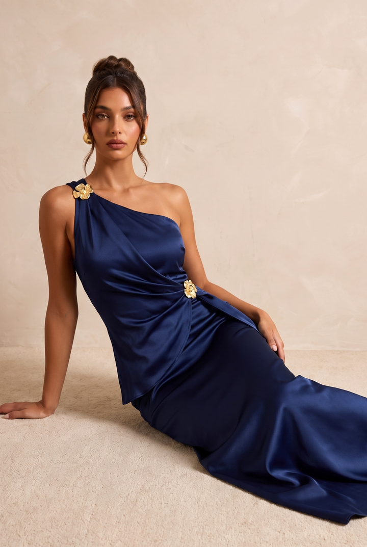 Elegant Satin One Shoulder Metal Flower Detail Maxi Evening Dress