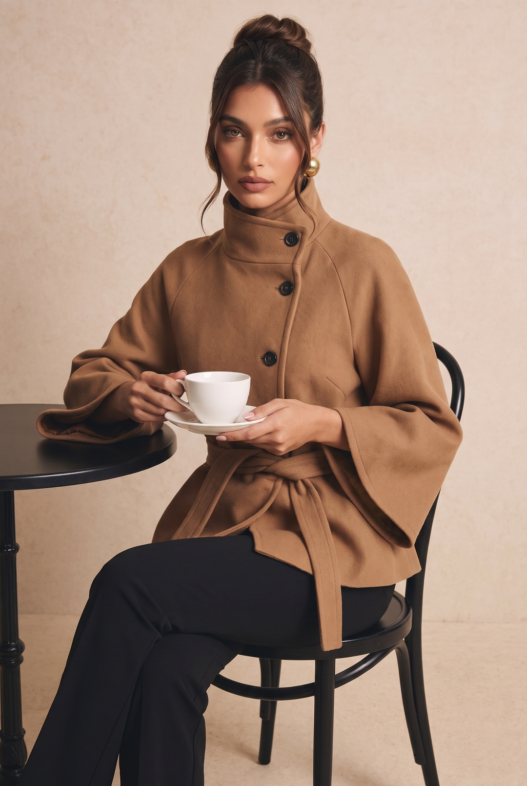 Stand Collar Belted Flare Sleeve Wool Blend Coat