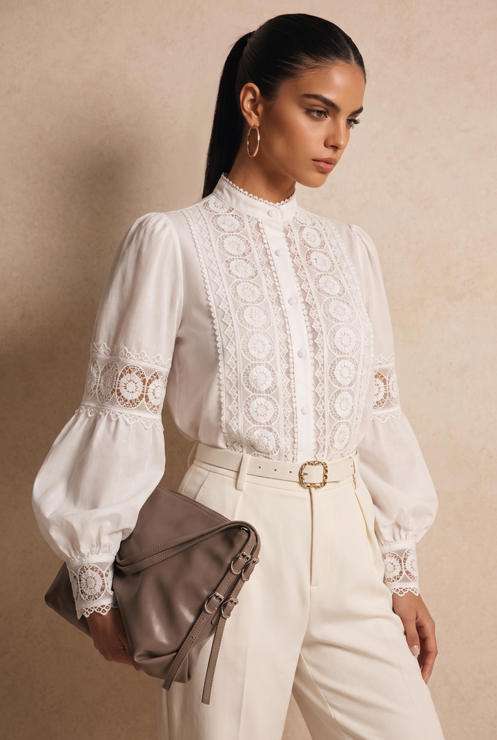 Lace Panel Stand Collar Puff Long Sleeve Blouse