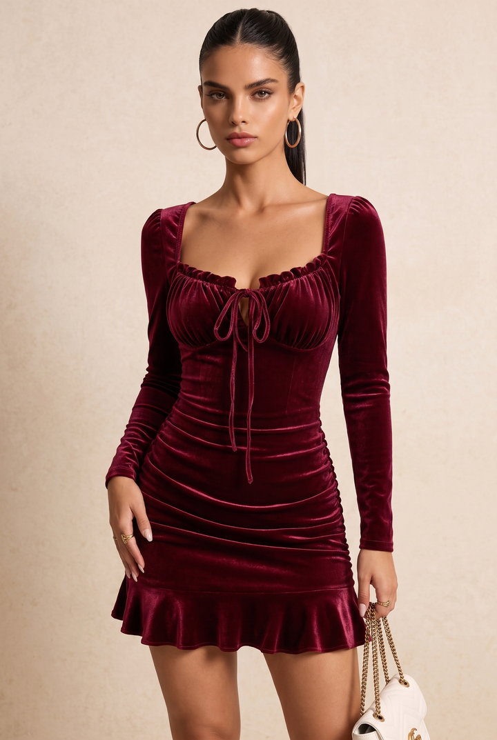 Square Neck Velvet Long Sleeve Ruched Mini Dress