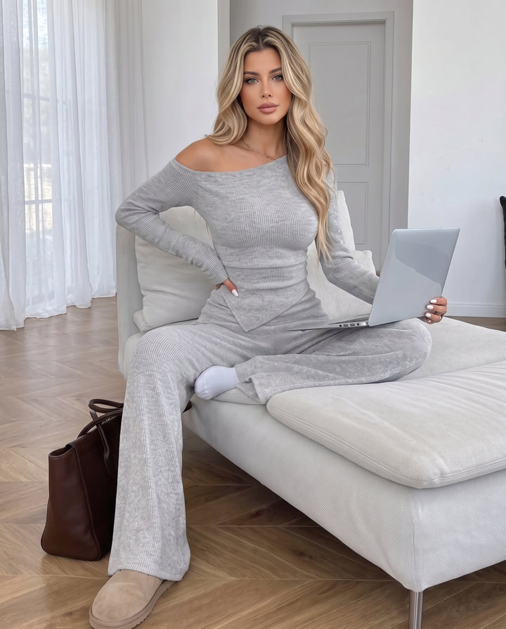 Off‑Shoulder Ribbed Knit Top Wide Leg Pants Two‑Piece Set