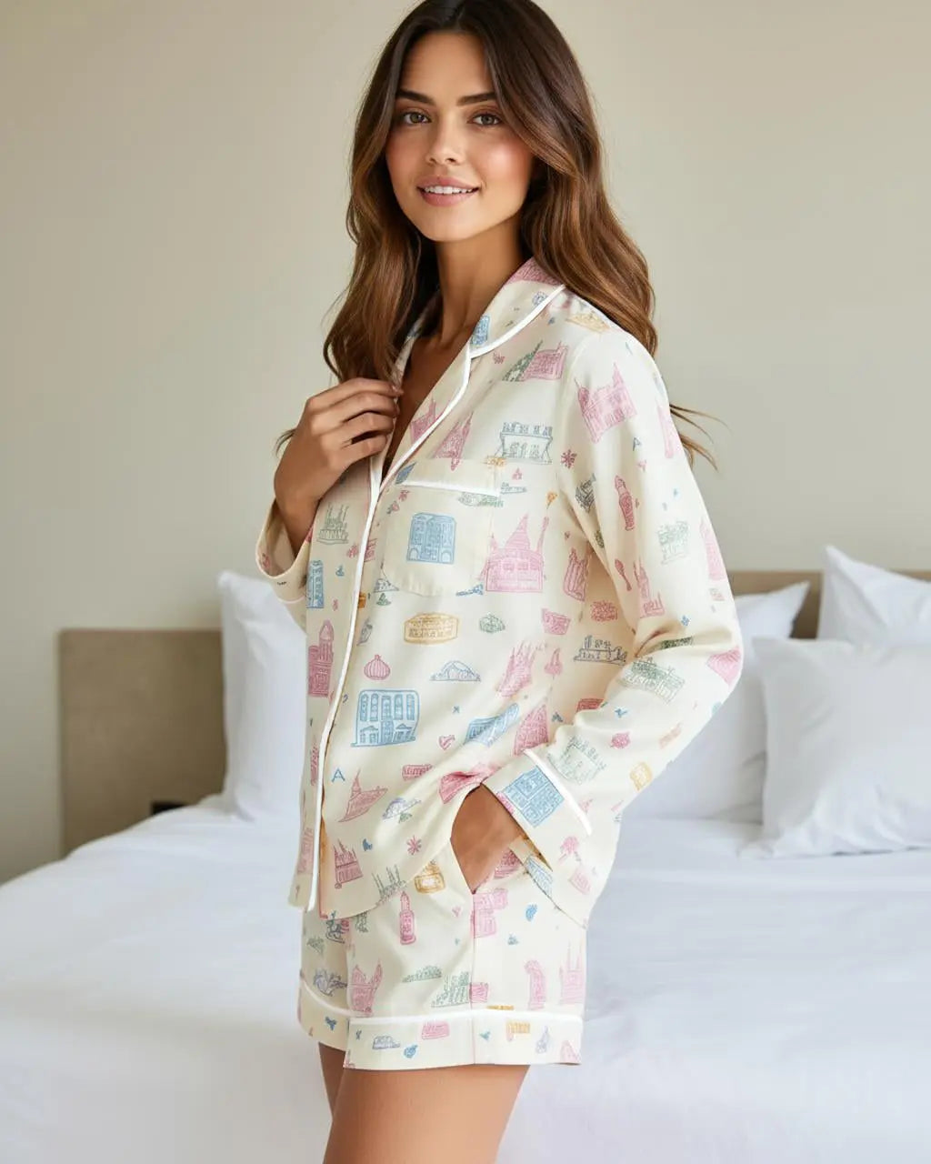 SOLACE CHICFunky Architectural Pattern Lapel Pajama Set