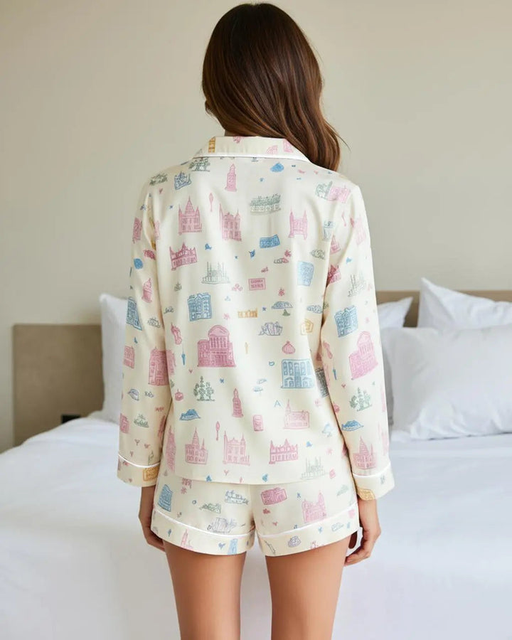 SOLACE CHICFunky Architectural Pattern Lapel Pajama Set