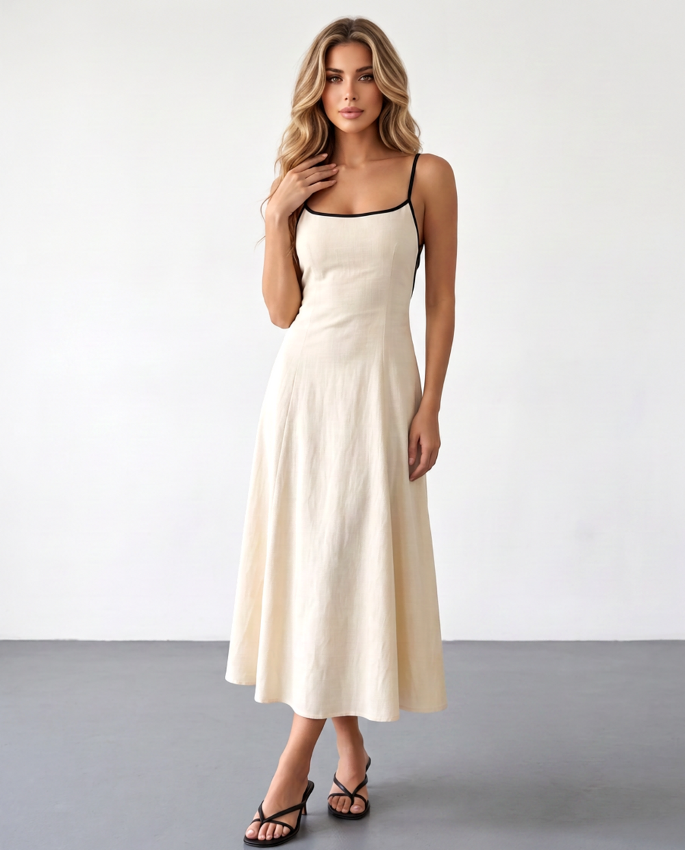 SOLACEBeige Contrast Trim Open Back Tie Midi Dress