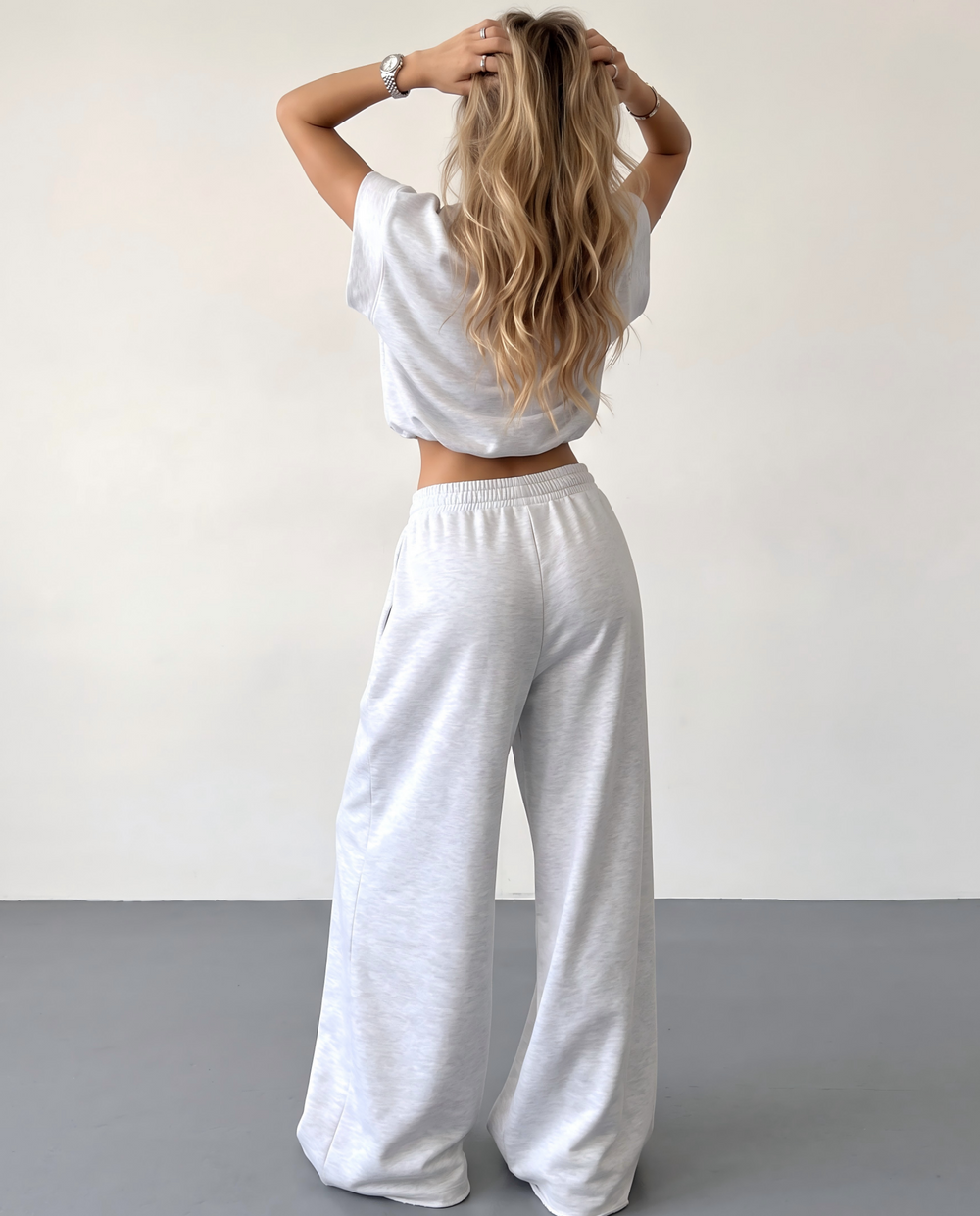 SOLACELight Grey Drawstring Waist Crop Top  Wide Leg Pants Set