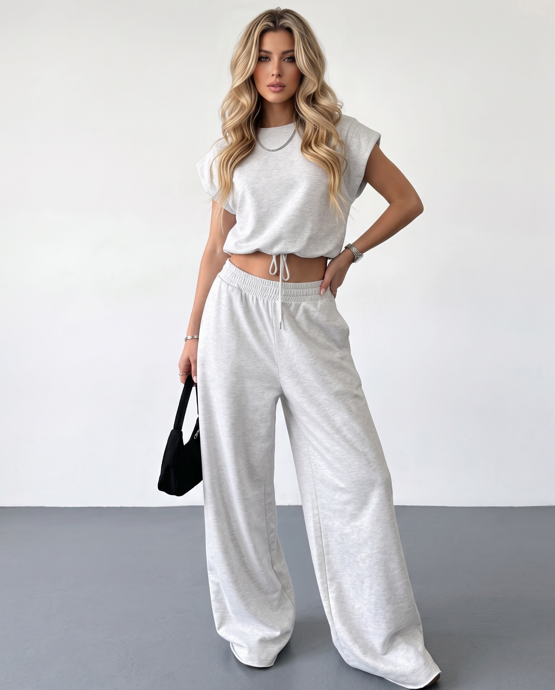 SOLACELight Grey Drawstring Waist Crop Top  Wide Leg Pants Set
