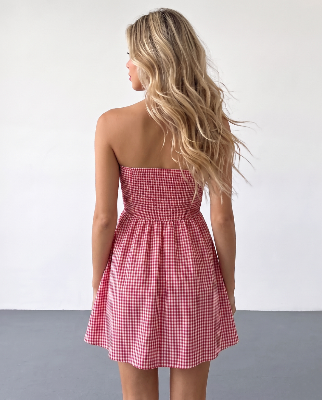 SOLACERed Gingham Pattern Smocked Cotton Slim Fit Mini Dress