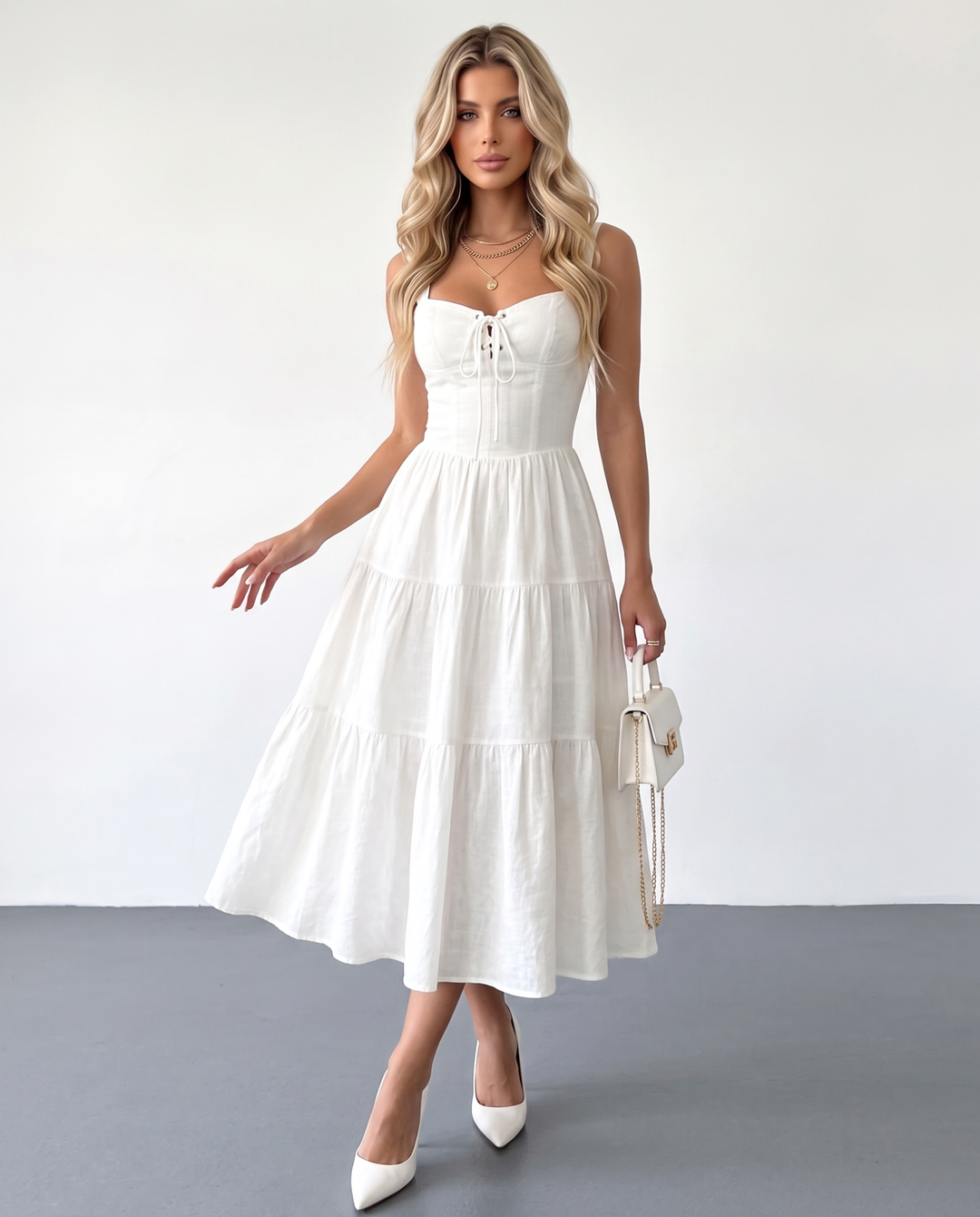 SOLACERomantic White Lace Up Corset Tiered Midi Dress