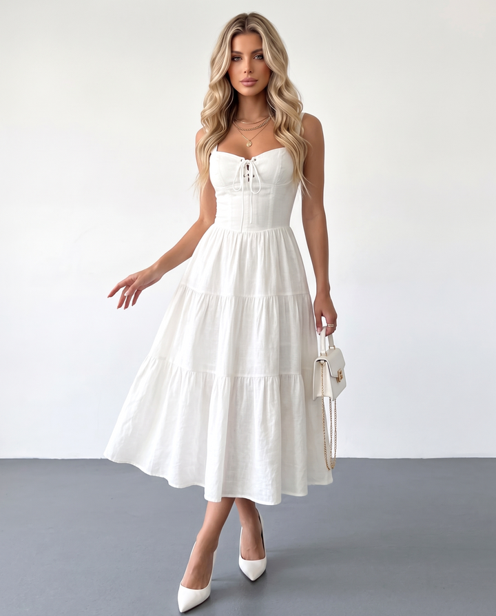 SOLACERomantic White Lace Up Corset Tiered Midi Dress