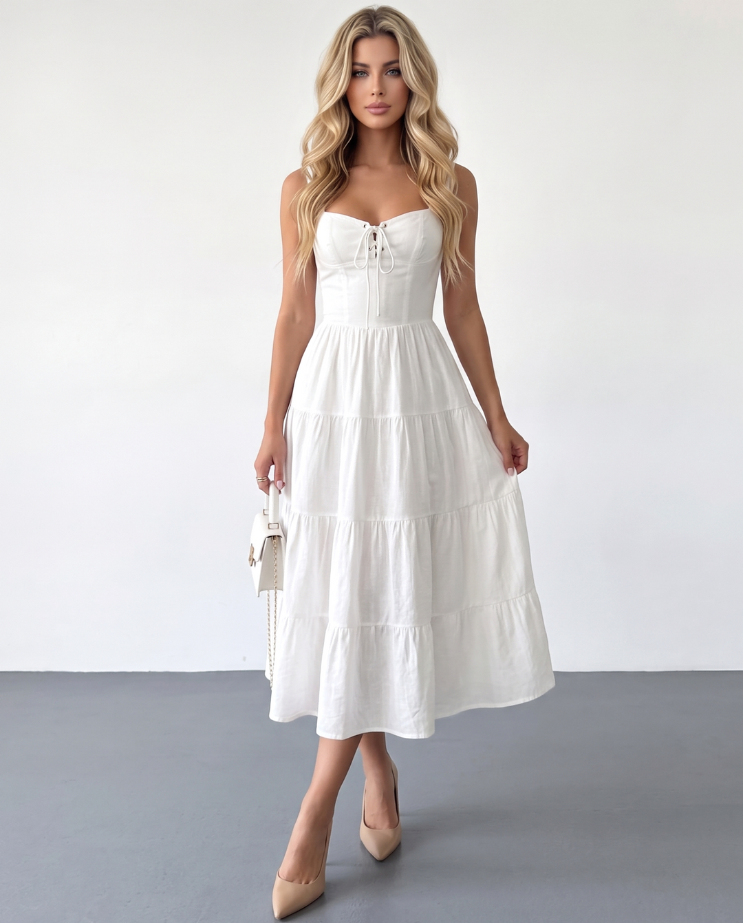 SOLACERomantic White Lace Up Corset Tiered Midi Dress
