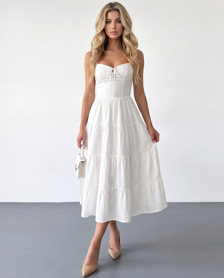 SOLACERomantic White Lace Up Corset Tiered Midi Dress