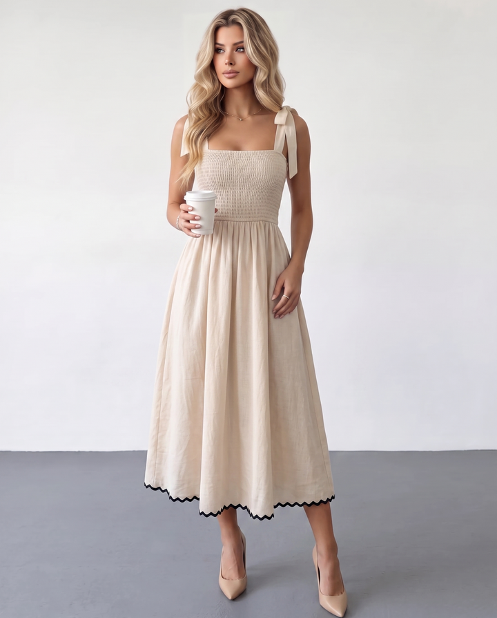 SOLACEBeige Smocked Bodice Textured Fit and Flare Midi Dress