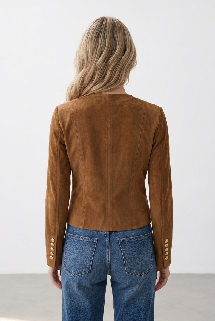 Gold Button Decorated Round Neck Suede Jacket