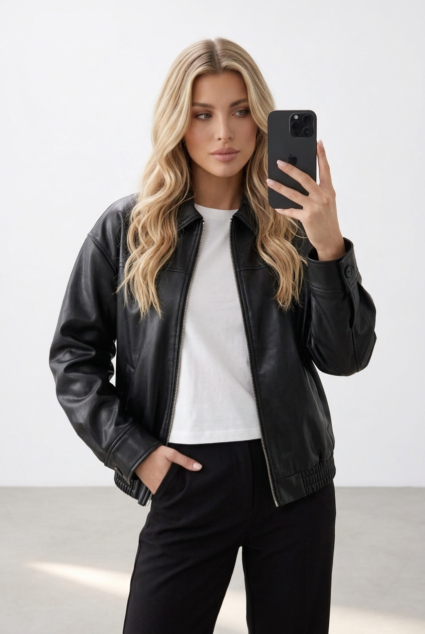 Zip Up Elastic Hem Solid Faux Leather Jacket