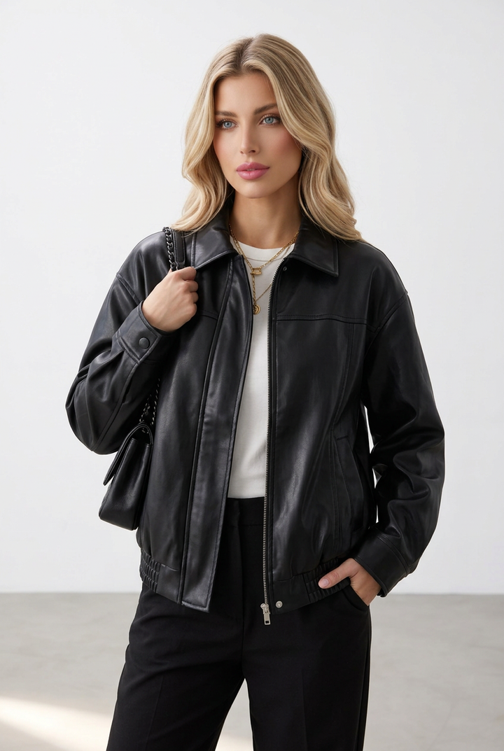 Zip Up Elastic Hem Solid Faux Leather Jacket