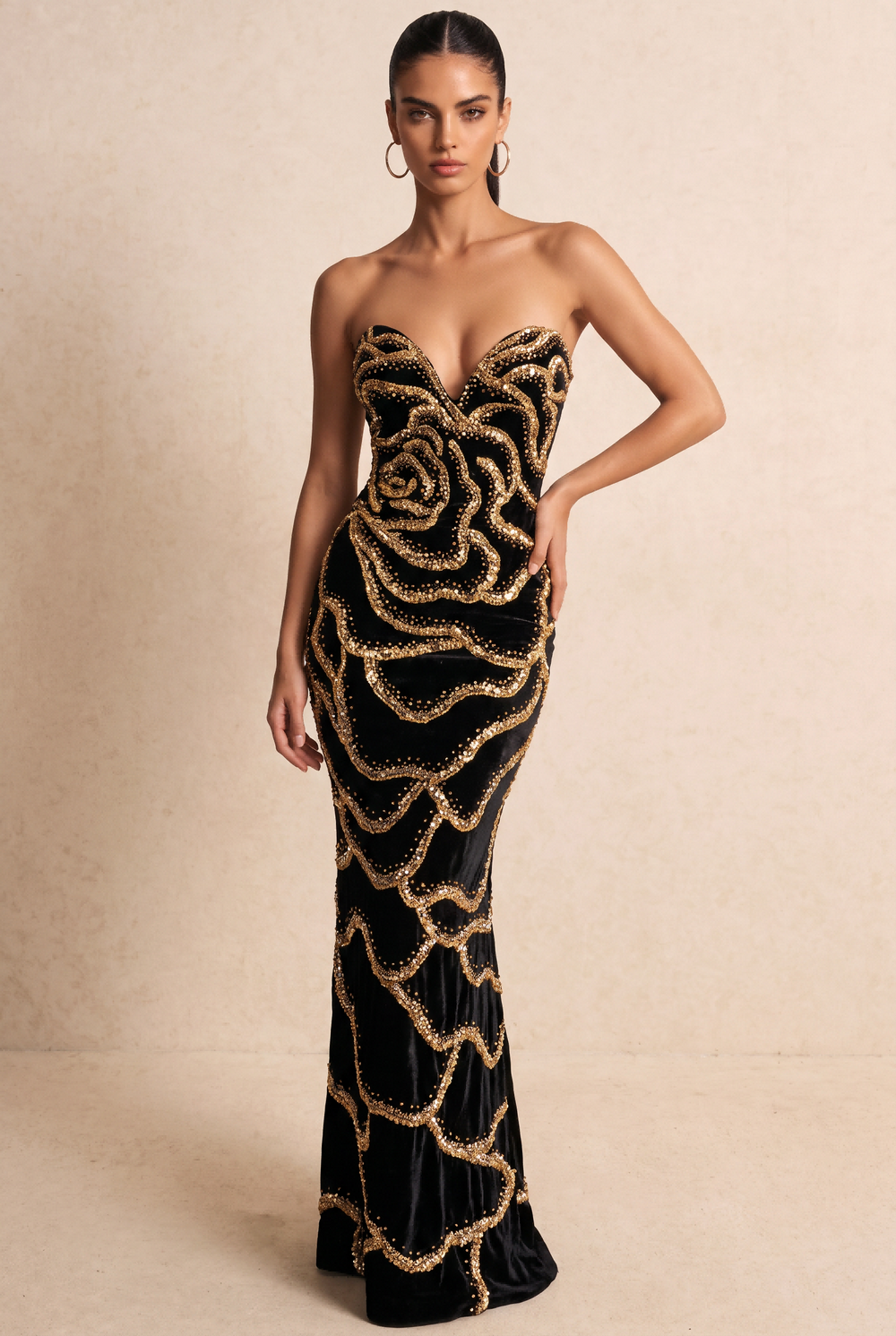 SOLACEGold Rose Beaded Strapless Velvet Evening Derss
