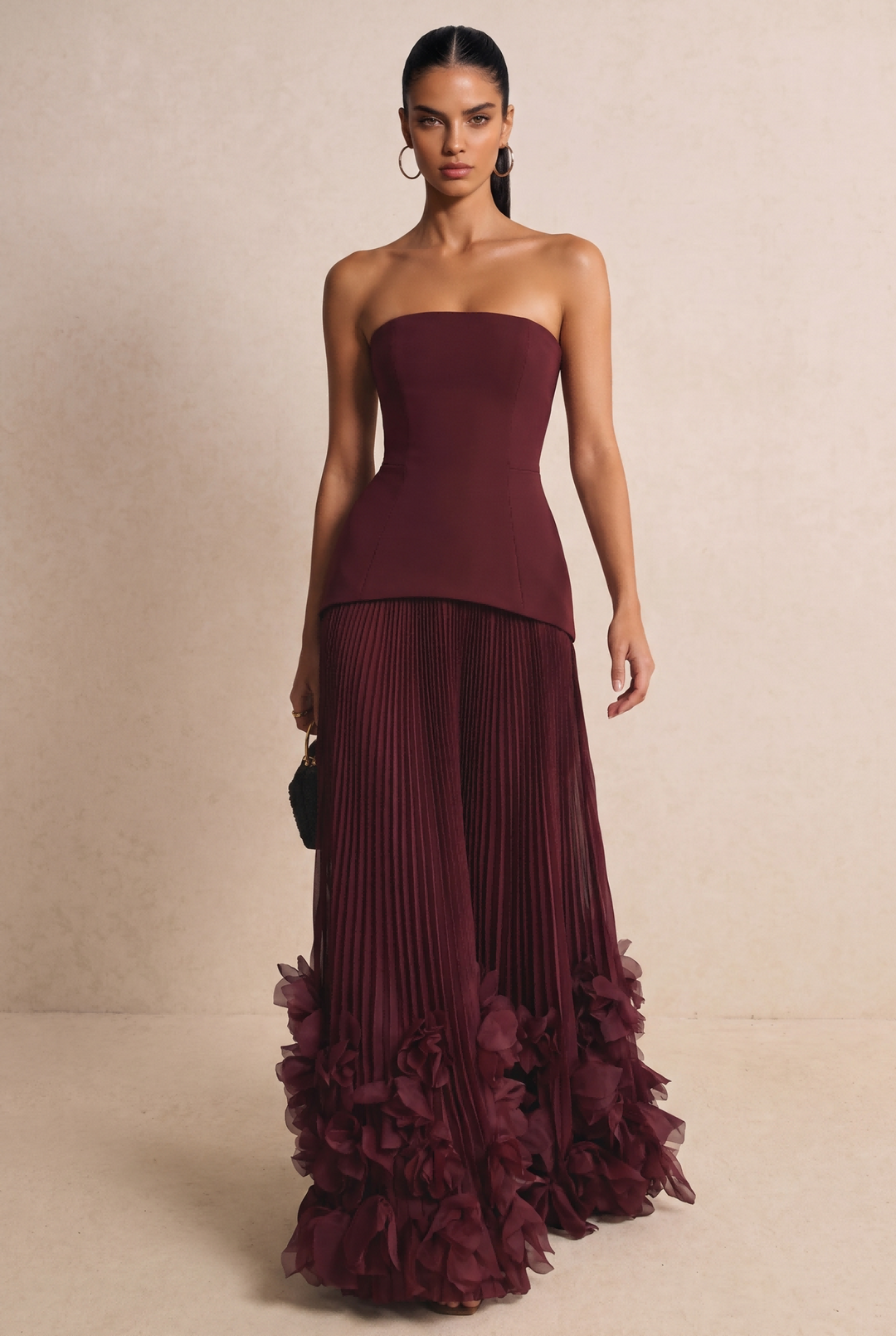 SOLACEStrapless Pleated 3D Floral Maxi Evening Dress